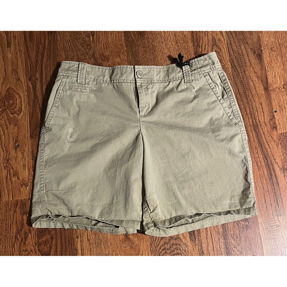 New York & Company Khaki Chino Shorts Womens 12 Tan Distressed Cotton Spandex